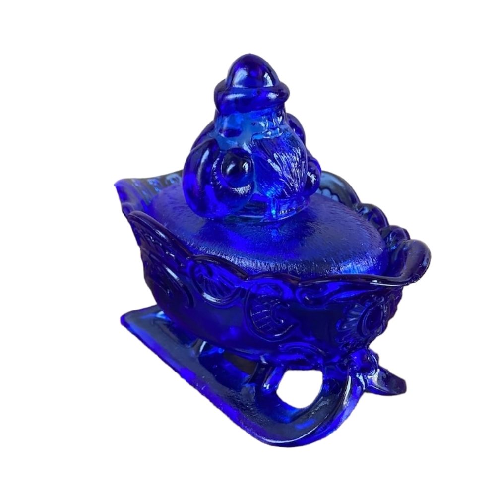 Vintage Christmas Westmorland Cobalt Blue Glass santa on Sleigh dish with lid
